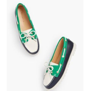 Talbots Modern Deck Shoe Green+ Blue Topsiders Boat Shoe, Preppy, Shore, Sz 9.5M